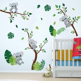 Runtoo Koala Wall Decals Animal Palm Tree Leaves Wall Stickers for Girls Bedroom Kids Nursery Wall Decor
