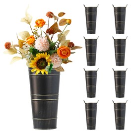 Haploon 8 Pack 9 Inch Vintage Galvanized Flower Bucket, Black Galvanized Metal Vases Farmhouse Flowers Bucket Vase with Handles Metal Flower Vase for Party Table Centerpiece Weddings Home