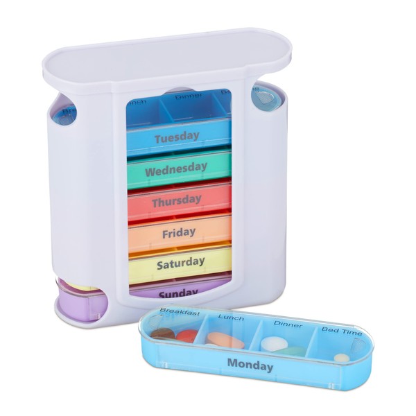 Relaxdays 7 Day Pill Box Weekly Pill Box 4 Compartments English Medicine Box Sliding Lid White Multi-Coloured