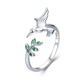 S925 Sterling Silver Hummingbird Open Statement Rings Green Crystal CZ Leaf Adjustable Expandable Eternity Promise Engagement Ring Finger Band Ring Cute Jewelry Gifts for Women