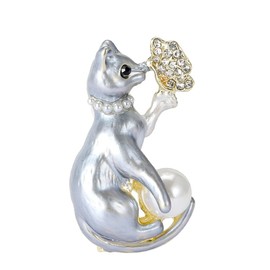 Crystal Pearl Cat Brooch Pin Cute Rhinestone Cat Animal Brooches Lapel Pins Jewelry Accessories for Women Men Gift