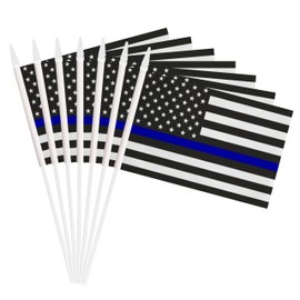 12 Pack Thin Blue Line American Police Stick Flag, Hand Held Small Mini USA Policeman Flag With 12 Inch White Solid Pole and Spear Top, Honoring Law Enforcement Officers Flags, Outdoor Decoration,