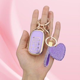 Meruns Compatiable with Honda key fob cover with Diamond Bling Keychain, Car Accessories Key holder Shell Full Protection for 2022 2023 Accord Civic HR-V CR-V Pilot Smart Key Case,Gold Purple