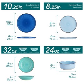 vancasso Bonita Dinnerware Sets 24 Pieces, Blue Stoneware Dishes Set for 6, Dinner Platers with Bowls Set, Large Pasta Soup Bowls Serving Set, Dishwasher and Microwave Safe