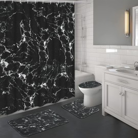 Alishomtll 4 Pcs Black White Shower Curtain Set with Non-Slip Rug, Toilet Lid Cover and Bath Mat, Black Marble Shower Curtain with Hooks, Abstract Modern Bathroom Set, Waterproof Bathroom Curtain
