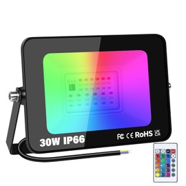 RIGIDON 1 x 30 W RGB LED Spotlight with Remote Control, 3000 LM RGBW Colour Changing Floodlight, 16 Colours, 4 Modes, Dimmable Floodlight Lamp for Party, Garden, Tree, Landscape, Disco Celebrations,