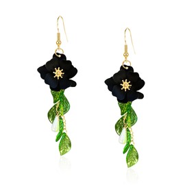 Just Follow Summer Beach Flower Tassel Earrings for Women Boho Long Flower Dangle Earrings Floral Petals Drop Earring for Statement Vacation With Green Leaf, Metal, No Gemstone