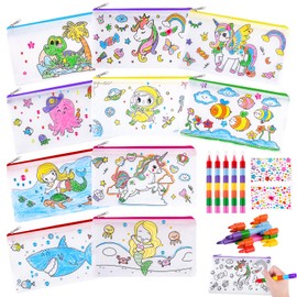 HGRGHH Pack of 10 Pencil Cases for Painting for Children, Fabric Bag Zip with 5 Wax Crayons, Stackable, DIY Fabric Bag for Painting Children's Birthday, Small Gifts for Children, multicoloured, DIY