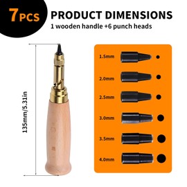 Hole Punch, Paper, Hole Punch, Leather Hole Punch, 6 Sizes: 1.5 mm, 2 mm, 2.5 mm, 3 mm, 3.5 mm, 4 mm, Strong and Durable, Wooden Handle for Leather, Paper, Cards and Felt