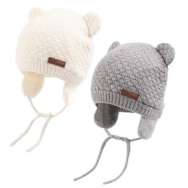 DRESHOW Unisex Baby Beanie Cap, Cute Bear Beanie with Earflaps for Toddlers, Warm for Autumn and Winter, Grey & White