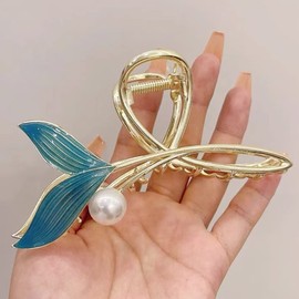 Blue Fish Tail Hair Clips with Pearl Mermaid Hair Claw Clips for Women Big Gold Metal Hair Clip Strong Hold Hair Clamps Nonslip Hair Barrettes Large Hair Accessories for Woman and Girls