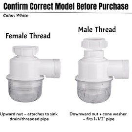 1-1/2"×1-1/2" Clear Removable Bottle Trap, P-Trap Replacement, Easy Cleaning, for Kitchen, Bathroom & Garbage Disposal Sink Drain (White-Male)