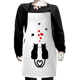 Ambesonne Love Apron, Cats Romance Heart Shaped Tails Birds Animal Silhouettes Valentines Theme, Small Apron Bib with Adjustable Ties for Baking Painting, Small Size, Red Black White