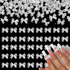 80 Pcs Silver Bow Nail Gems and Charms, 3D Alloy Bowk Tie Nail Jewelry Charms, Cute Bowknot Nail Charms, Shiny Luxury Metal Nail Bow Charms for Nail Art Design DIY Accessories