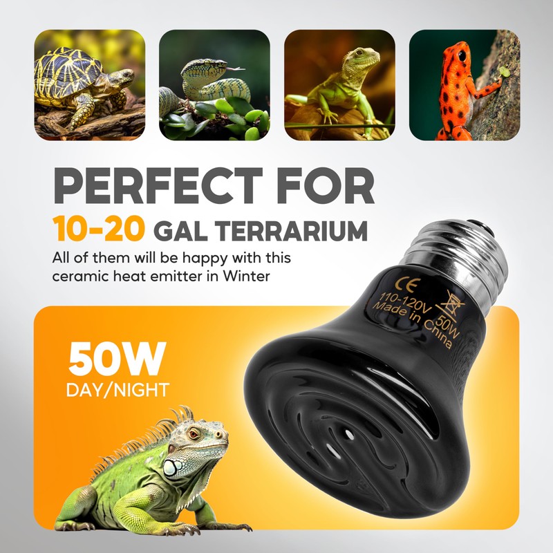 HealSmart 50W Mini Reptile Heat Lamp Ceramic Heat Emitter, No