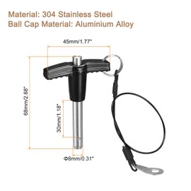 TA-VIGOR T Handle Lock Pins, 8mm Dia 30mm Length Stainless Steel Push-Button Quick Release Ball Locking Pin with Lanyard Cable for Speaker Aviation Gym Machine
