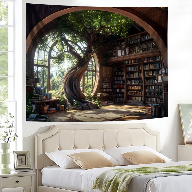 NYZE Library Tapestry Wall Haning, Magic School Bookshelf Tapestry Study