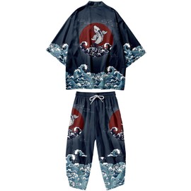 DOSLAVIDA Men's Japanese Kimono Jacket Set Stylish Open Front Coat With Shorts Chinese Style Printed Cardigan Suits