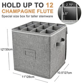 LotFancy Champagne Flute Storage Container, Hard Shell, Stackable, 12" Tall Wine Glass Storage Box with Dividers & Handles, Stemware, Crystal Glassware, Drinkware Case for Moving, Grey