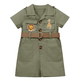 Toddler Baby Boys Girls Safari Outfit Wild One 1st Birthday Animal Jumpsuit Romper Hat Jungle Animals Lion Giraffe Themed Party Clothes Overall Shorts Bodysuit with Belt Army Green 2-3 Years