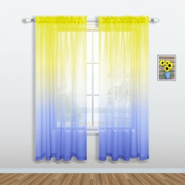 Blue and Yellow Curtains 63 Inch Length for Kitchen Decor Set of 1 Sheer Panel Pocket Coloful Cartoon Gradient Ombre Curtains for Girls Room Teen Classroom Little Kids Bedroom Boys Decorations