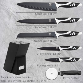 Moss & Stone 7-Piece Kitchen Knife Set with Block – Black Titanium Plated Stainless Steel Kitchen Knives, High Carbon Blades, Compact Cutlery Set for Home Cooking, Small Knife Set Black Wood Block