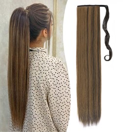 Benehair Ponytail Extension 32 Inches Long Wrap Around Ponytail Hair Extension Straight Synthetic Clip in Hairpiece for Women Dark Brown/Goln Auburn