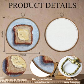 Homemade Bread Butter Round Frames for Art, Butter Toast Breakfast Still Life Boho Wall Hanging, Waterproof Western Rustic Country Decorations with Hook, for Home Bathroom Living Room Bedroom, 15