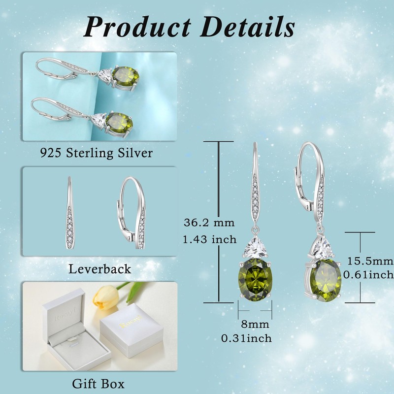 Rocayi Oval Peridot Earrings for Women 925 Sterling Silver Dangle