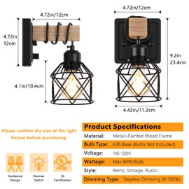 FadimiKoo Dimmable Wall Sconces Set of Two, Bedside Wall Mounted Lamp with Rotary Switch, Wooden Black Bathroom Light Fixtures with Metal Cage, Hardwired Farmhouse Wall Lights for Bedroom, Living Room