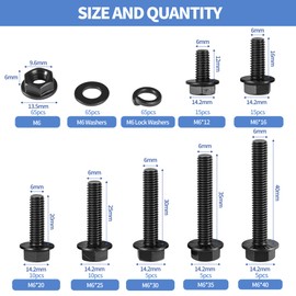 M6 Black Flange Hex Head Bolts Assortment Kit with Serrated Flange Nuts,Washers & Lock Spring Washers(260Pcs),M6-1.0x12/16/20/25/30/35/40mm Hex Head Screw