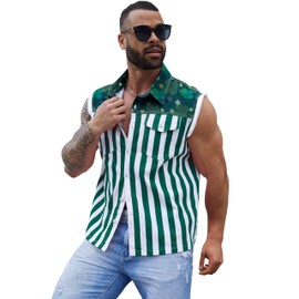 Yuanbang Irish Gift for Men Denim Vest Outerwear St Patricks Day Green White Striped Sleeveless Jean Jacket(Green,XXL)