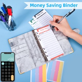 Binder Budget Notebook A6, 30 Pieces, 6 Holes Budget Binder with Binder Pockets, Budget Sheets, Label Stickers, Soft Ruler Ring Binder (Grey)