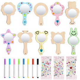 21 Stück DIY Holzspiegel Handwerk, DIY Kinder Malen Holzspiegel, Mini Holz Prinzessin Spiege, Bastelset Kindergeburtstag, DIY Holzspiegel mit Diamanten und Aquarellstiften Handwerk für Kinder