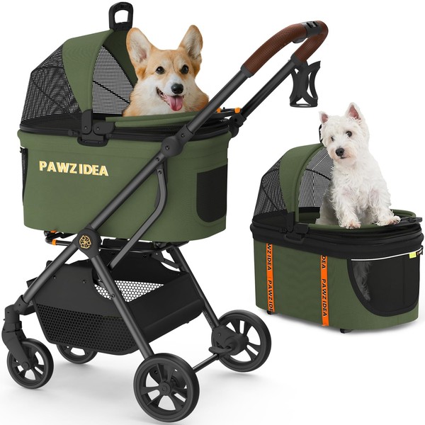 PAWZIDEA Cat Stroller 4 in 1, Pet Stroller for Small/Medium Dogs with Detachable Carrier Easy Lock NO-Zip Canopy, Seatbelt Dog Car Seat, Cozy House, Foldable Dog Jogger Strollers, Large Storage Basket
