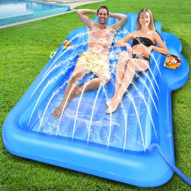 83" x 63" Extra Large Inflatable Tanning Pool Lounger Float with Sprinkler, Pool Floats Adult with Pillow Cooler Tray, 6 in 1 Suntan Tub Raft Floatie Sunbathing Bed Water Summer Backyard Fun XL-Blue