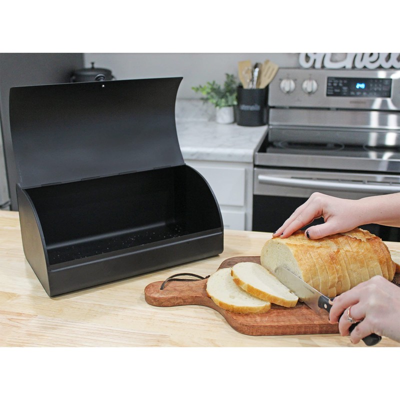 AuldHome Farmhouse Black Bread Box; Retro Vintage Style Enamel Countertop