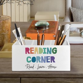 XLDLIOO Boho Reading Corner Pen Pencil Holder Organizer for Desk Accessories, Book Lovers Gifts Wooden Box Sign Desk Decor for Reading Room Corner Nook Library Decoration, Book Reader Bookish Gifts