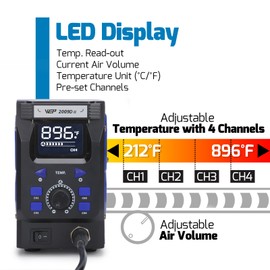 WEP 2009D-II Hot Air Soldering Station, Hot Air Rework Station with Detachable Soldering Heat Gun, 4 Preset Channels, Digital LED Display, Adjustable Temperature 212-896°F, PID Temp Stabilization