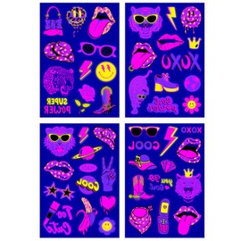 Glow in the Dark Temporary Tattoos 4 Sheets Neon Temporary Tattoos Fluorescent Party Face Tattoos Easy to Use Neon Skin-Friendly for Women Girls Body Art
