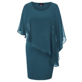 Hanna Nikole Women's Chiffon Cape Dress, Knee-Length Evening/Cocktail Dress with Overlay, Plus Sizes Available, peacock blue