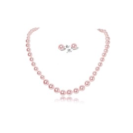 Elunix Elegant Pearl Jewelry Set - Necklace and Stud Earrings for Women, Simulated Pearl Jewelry Set for Wedding, Bridesmaid, Party or Gifts (Pink 16 inches)