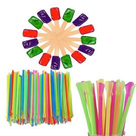 Concession Essentials Snow Cone Spoon Straws, 8 Inch, Assorted Colors, 200 Count with 24 Italian Ice Spoons