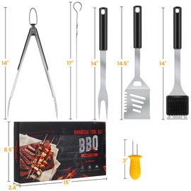 14 PCS Grill Accessories Kit, Stainless Steel Grill Tools with 4-in-1 BBQ Spatula, Grill Fork, Grill Tong, Grill Grush, 17-in Long Skewers, Silicone Corn Holders, Grilling Gift Set for Men and Women
