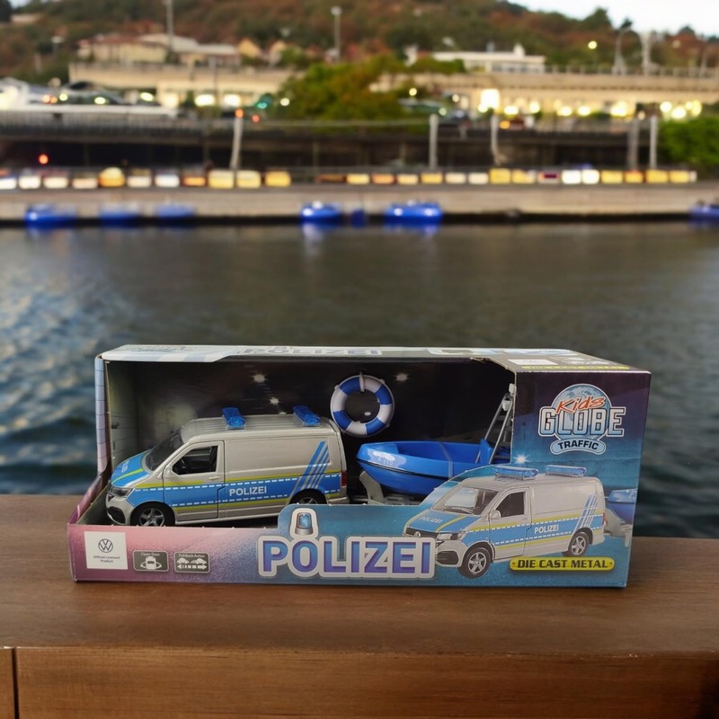 Kids Globe VW Transporter Police with Boat DE Die Cast