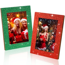 OAXNTGW 2 Pcs Glitter Christmas Photo Frame 4x6 Inch Red Green Picture Display Xmas Shiny Wooden Christmas Frame Decorations for Tabletop Wooden Frame Home Decorative Xmas Holiday Gift