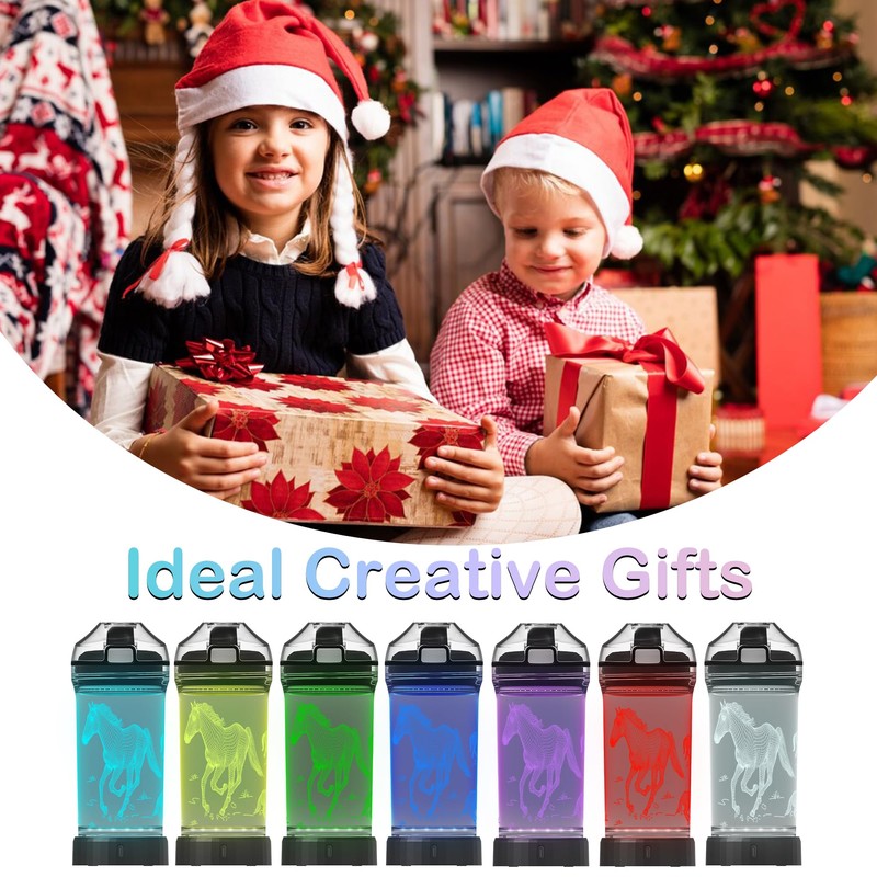 Kids Water Bottle, Horse-themed Light-Up Sport Cup with 3D Glowing