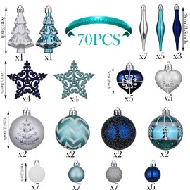 Valery Madelyn 70pcs 3-9cm Shatterproof Christmas Baubles Pack, Winter Wishes Silver and Blue Christmas Ball Ornaments for Christmas Tree Decoration