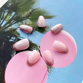 SINLOV 24pcs Almond Fake Nails Pink Long Press on Nails Sequin Gradient French Fake Nails Sparkly Full Cover False Nails for Women and Girls