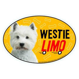 Prismatix Decal Westie Car Magnets: Westie Limo on Board - Oval 6" x 4" Auto/Truck/Refrigerator/Mailbox (Funny Car Decals, Dog Magnet, West Highland Terrier)